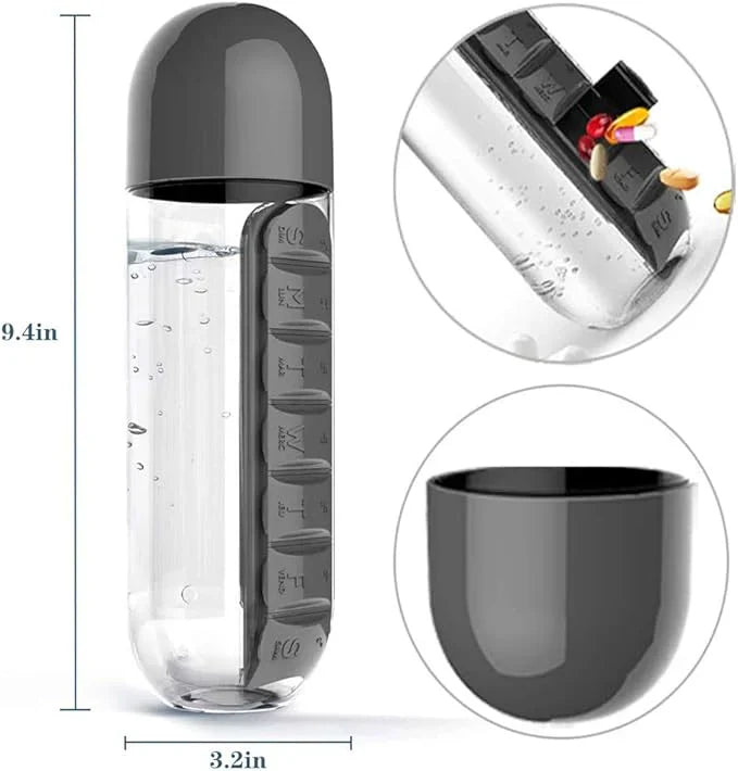 Water Bottle & Pill Organizer - Portable 7-Day Pillbox - for Outdoor, Gym, Travel - Easy Carry